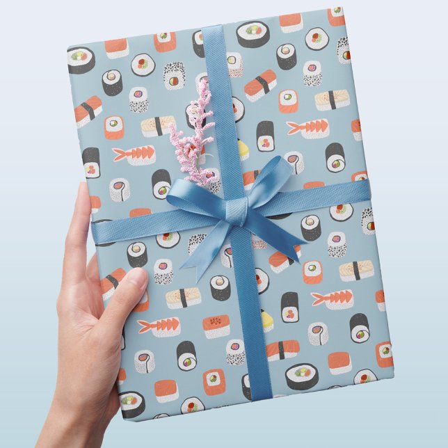 Sushi Nigiri Maki Roll Pattern Blue Wrapping Paper (Japanese sushi gift wrapping paper)