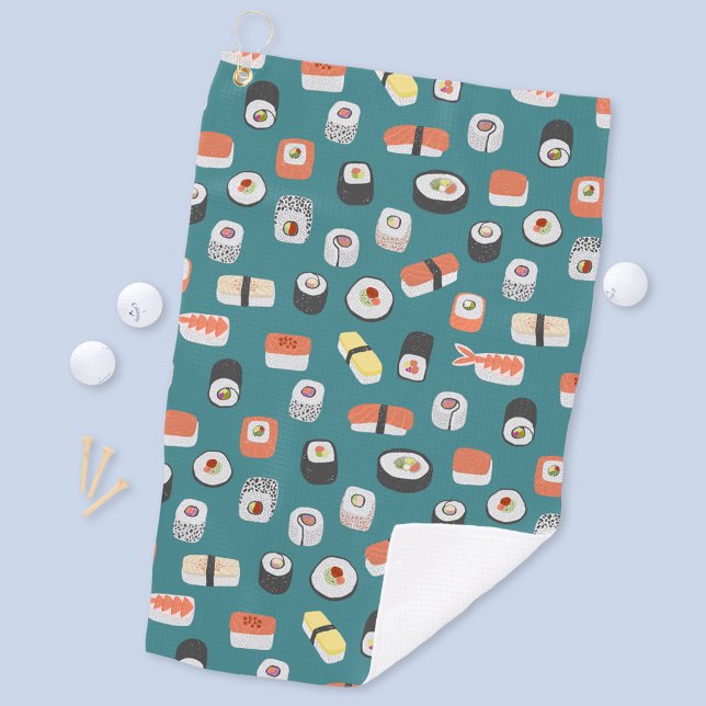 Sushi Nigiri Maki Roll Pattern Green Golf Towel (Japanese sushi food art fun golf towel)
