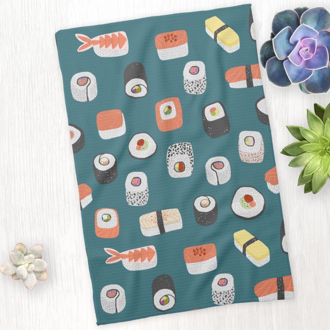 Sushi Nigiri Maki Roll Pattern Tea Towel (Fun Japanese sushi food art kitchen tea towel)