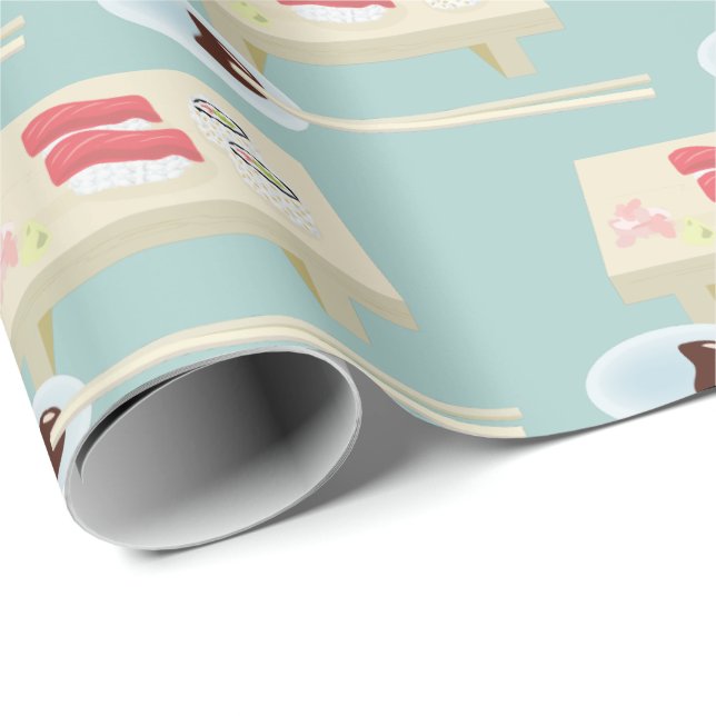 Sushi on a Board Pattern Light Blue Wrapping Paper (Roll Corner)