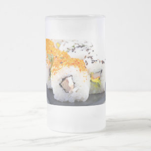 Sushi on a plate frosted glass beer mug