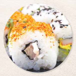 Sushi on a plate round paper coaster