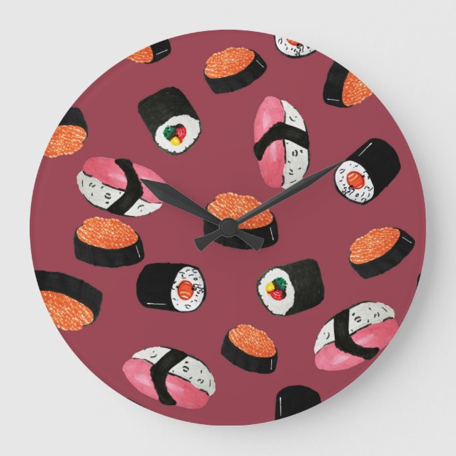 Sushi Onigiri Rolls: Seamless Illustration Large Clock (Front)