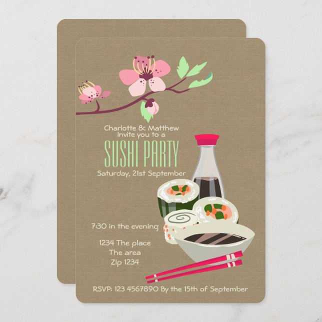 Sushi Party Easy To Personalise Japanese Themed Invitation (Front/Back)