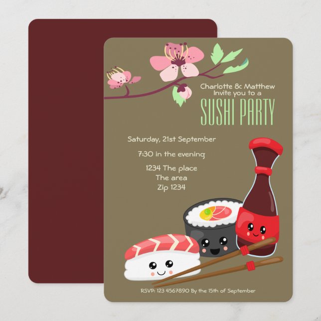 Sushi Party Kawaii Personalise Japanese Themed Invitation (Front/Back)