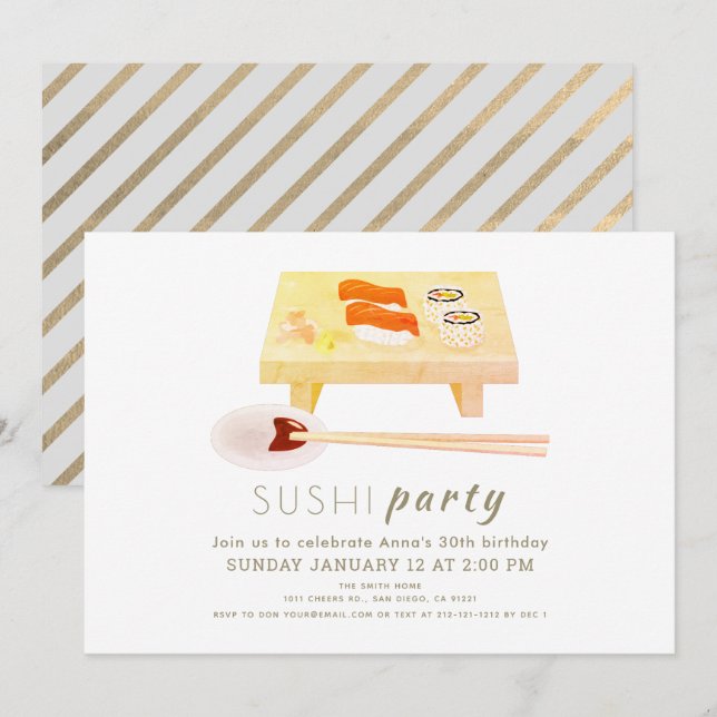 Sushi Party Modern White Birthday Invitation (Front/Back)