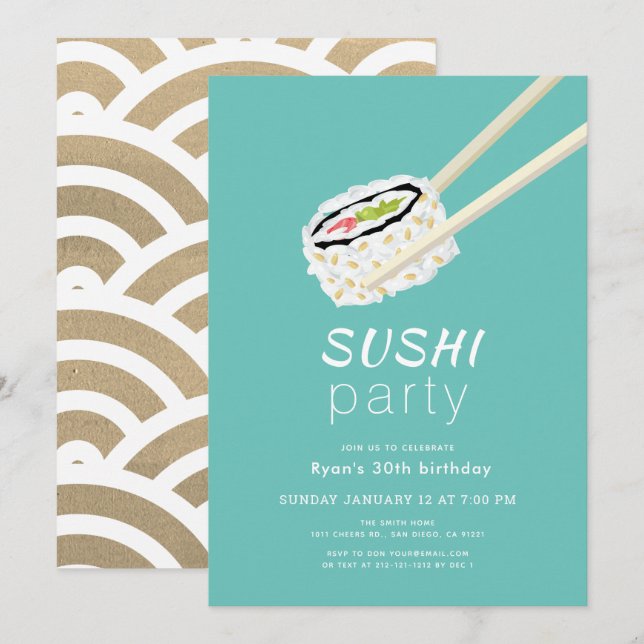 Sushi Party Simple Turquoise & Gold Birthday Invitation (Front/Back)
