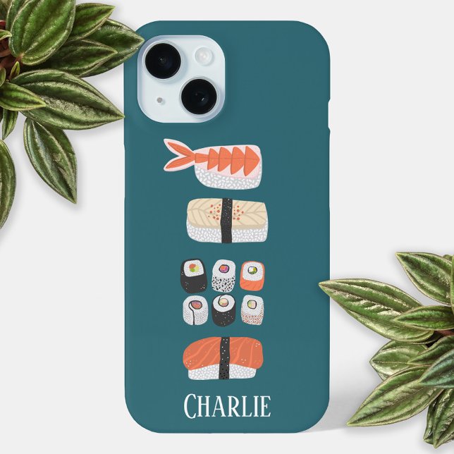 Sushi Personalised iPhone 15 Case (Personalized name Japanese sushi fun cell phone case)