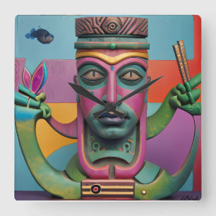 Sushi Radio Tiki Man Square Wall Clock