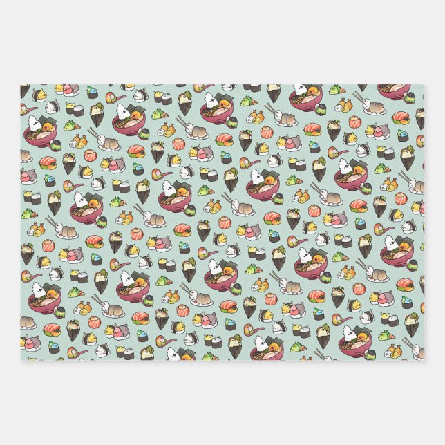 Sushi & Ramen Birds Wrapping Paper Sheet (Front)