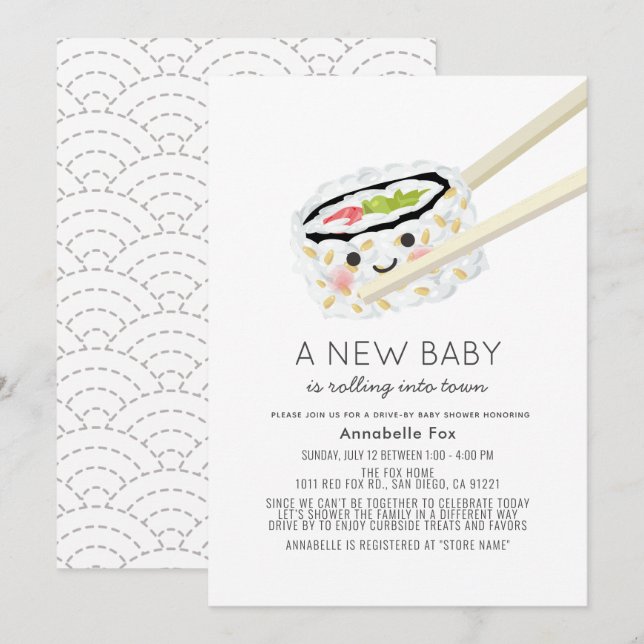 Sushi Roll Kawaii Drive-by Baby Shower Invitation (Front/Back)
