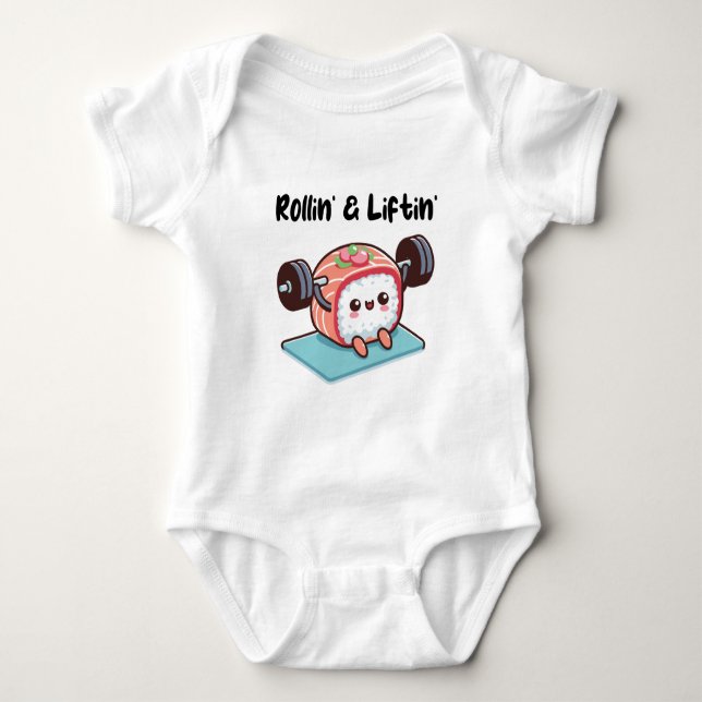 Sushi Roll Lifting Weights Baby Bodysuit (Front)