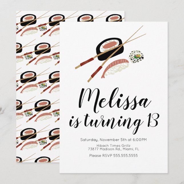 Sushi Roll Salmon Teen Birthday Hibachi Restaurant Invitation (Front/Back)