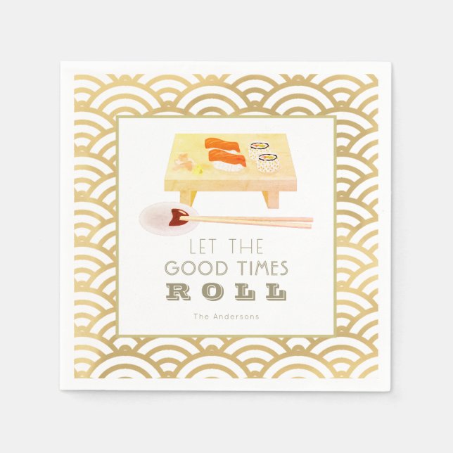 Sushi Roll White x Gold Wave Pattern Paper Napkins (Front)