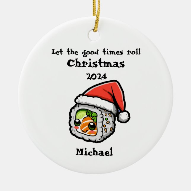 Sushi Roll with a Santa Cap Personalised Ornament (Front)