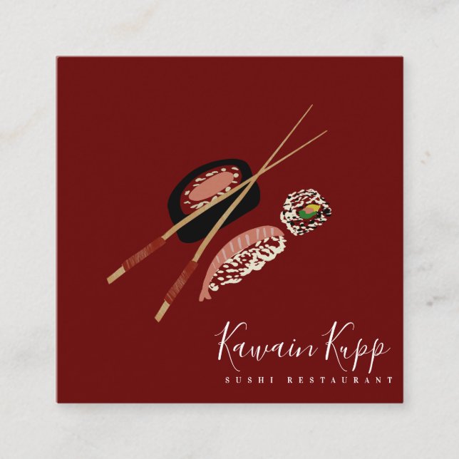 Sushi Rolls Chopstick Restaurant Logo Square Business Card (Front)