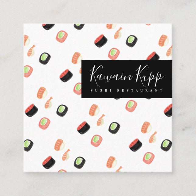 Sushi Rolls Chopstick Watercolor Restaurant Logo Square Business Card (Front)