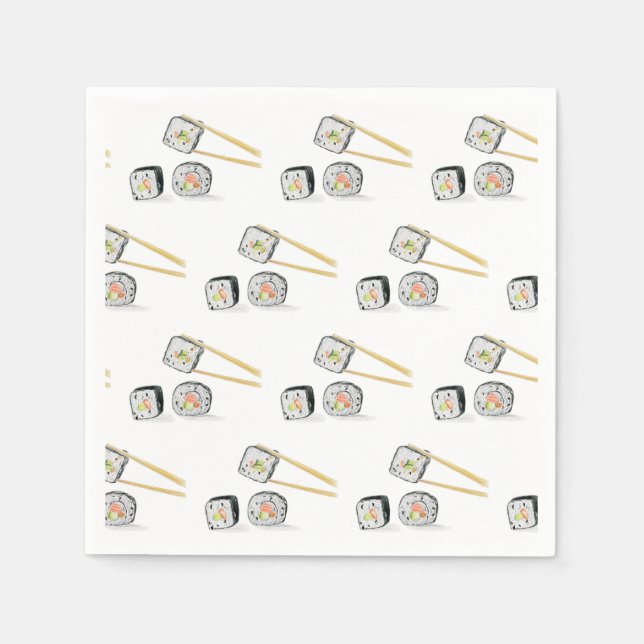 Sushi Salmon Rolls With Chopsticks Illustration Napkin (Front)