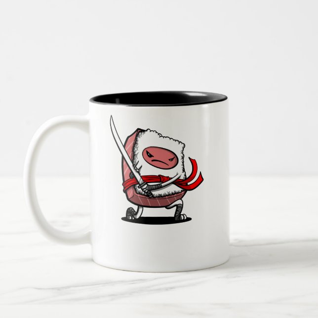 Sushi Samurai Ninja Kawaii Japanese Food Two-Tone Coffee Mug (Left)