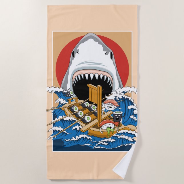 Sushi Shark Attack Illustration Beach Towel (Front)