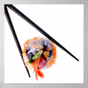 Sushi Shrimp Roll Black Chopsticks on White Japan Poster