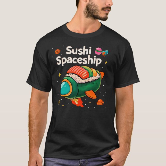 Sushi Spaceship 🍣🚀 | Kawaii Food in Space Art T-Shirt (Front)