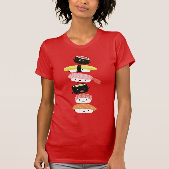 Sushi Stack - Fun Tower of Kawaii Sushi Friends T-Shirt (Front)