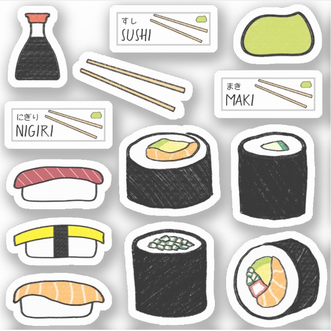 Sushi Sticker Sheet Set Cute Food Illustration (Front)