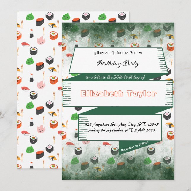 Sushi Themed Birthday Party Invitation (Front/Back)
