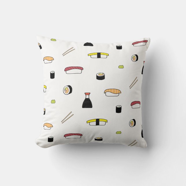 Sushi Themed Pattern | Illustrated Sushi Set White Cushion (Front)