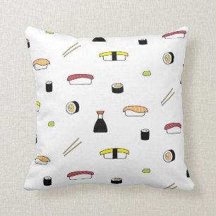Sushi Themed Pattern   Illustrated Sushi Set White Cushion