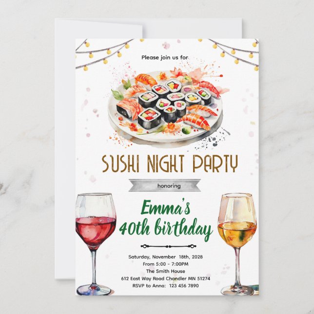 Sushi wine night party invitation (Front)