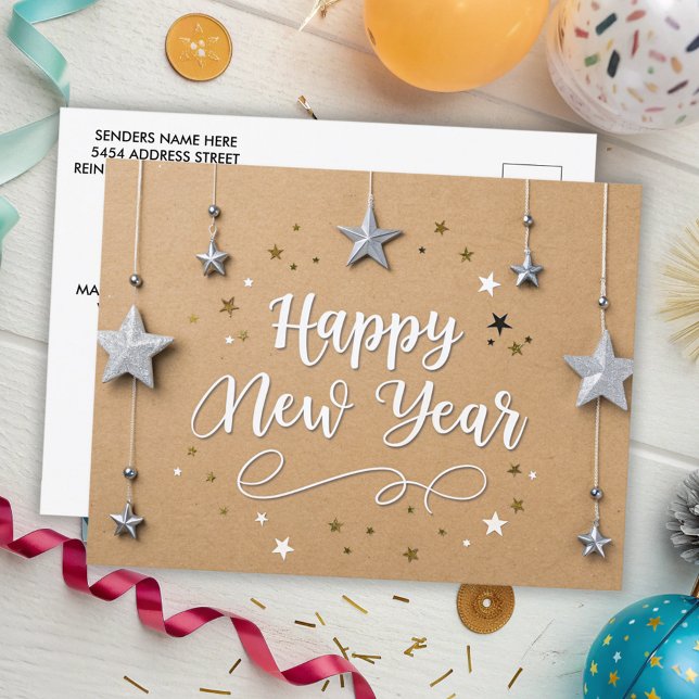 Suspended Stars Happy New Year Chic Modern Postcard (Creator Uploaded)