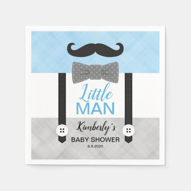 Suspenders bow tie baby blue grey boy baby shower napkin (Front)