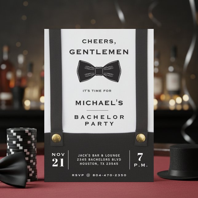Suspenders Bowtie Cheers Gentlemen Bachelor Party Invitation (Creator Uploaded)