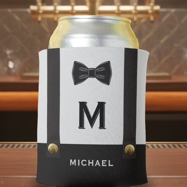Suspenders & Bowtie Name Monogram Wedding Can Cooler (Creator Uploaded)
