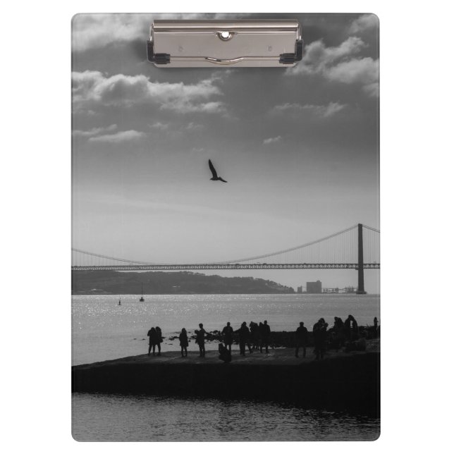 Suspension Bridge in Lisbon Black and White Photo Clipboard (Front)