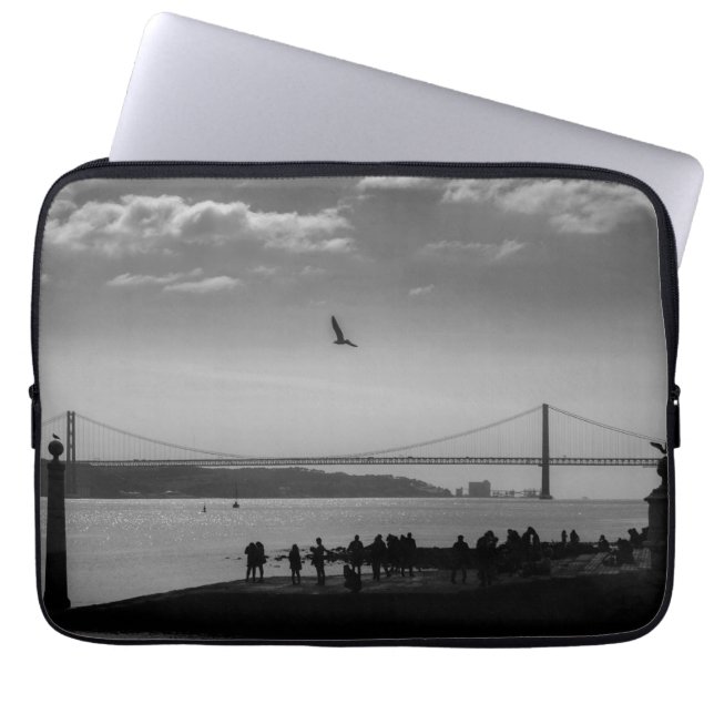 Suspension Bridge in Lisbon Black and White Photo Laptop Sleeve (Front)