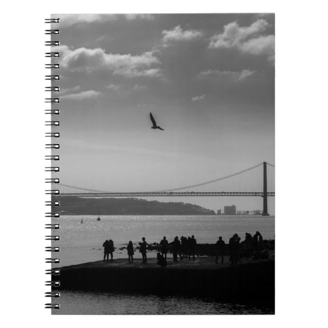 Suspension Bridge in Lisbon Black and White Photo Notebook (Front)