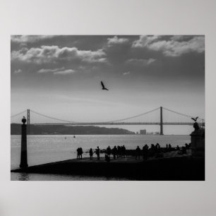Suspension Bridge in Lisbon Black and White Photo Poster
