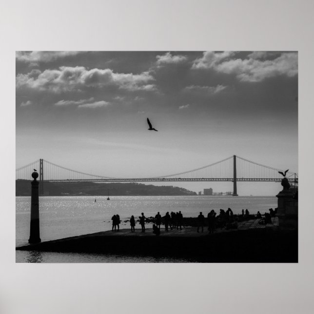 Suspension Bridge in Lisbon Black and White Photo Poster (Front)