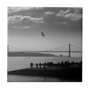 Suspension Bridge in Lisbon Black and White Photo Tile