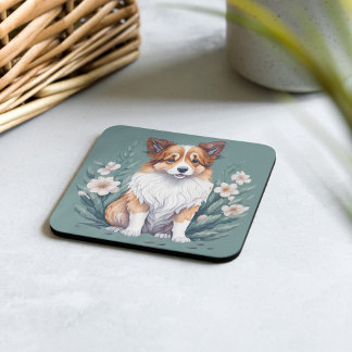 Süßer Collie umringt von Blumen -  Square Paper Coaster