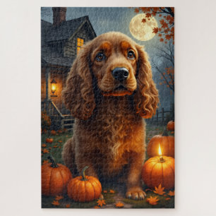 Sussex Spaniel Cottage Halloween Portrait Art Jigsaw Puzzle