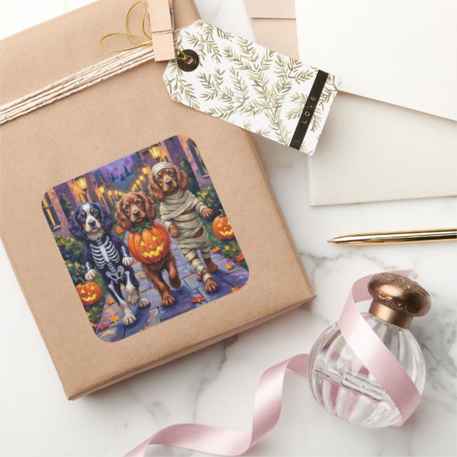Sussex Spaniel Dogs in Halloween Costumes Square Sticker (Gifting)