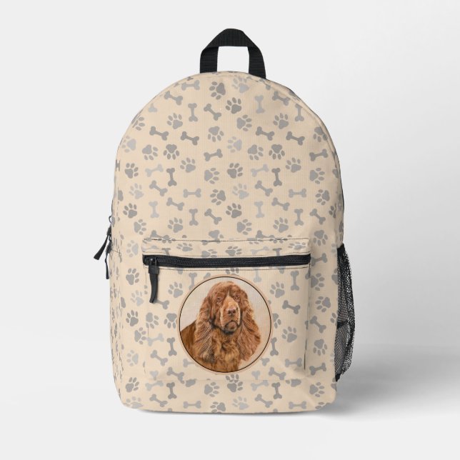 Sussex Spaniel Painting - Cute Original Dog Art Printed Backpack (Front)
