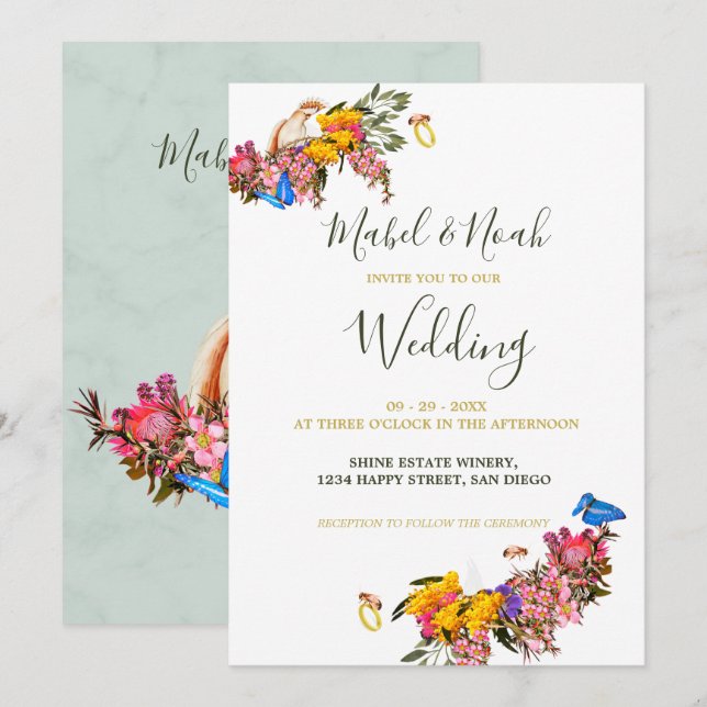 Sustainable Nature Floral Protea Cockatoo Wedding Invitation (Front/Back)