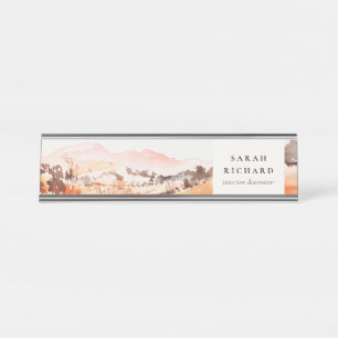 Sutle Blush Orange Watercolor Woods Mountain  Desk Name Plate