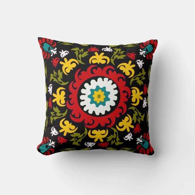 Suzani floral pattern, folk art cushion (Front)