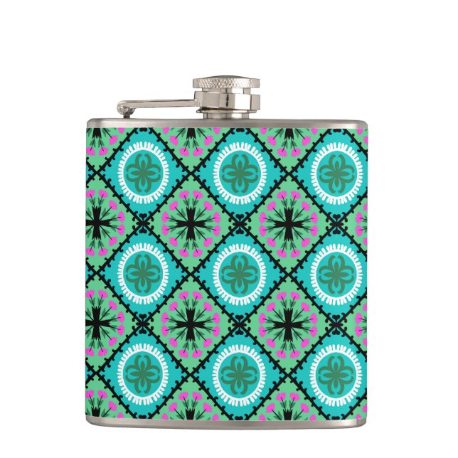 Suzani Pattern with Uzbek and Kazakh Motifs Hip Flask (Front)
